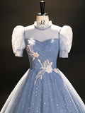 Blue Tulle Long A-Line Prom Dress, Beautiful Short Sleeve Evening Party Dress HZ0429