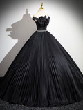 Black Pleated Long A-line Party Gown with Rhinestone Sash, Elegant Off the Shoulder Formal Evening Dress HZ0429