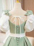 White and Green Satin Long Prom Dress, A-Line Short Sleeve Evening Party Dress HZ0429