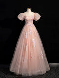 Pink Tulle Lace Long Prom Dress, Beautiful A-Line Off the Shoulder Evening Party Dress HZ0429