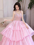 Pink/Blue Tulle Layers Long A-Line Prom Dress, A-Line Spaghetti Strap Sequins Evening Dress HZ0429