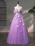 Purple Tulle Lace Long Prom Dress, Beautiful Off the Shoulder Formal Evening Dress HZ0429