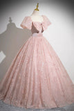 Pink Tulle Sequins Long Prom Dress, Lovely A-Line Party Dress with Bow HZ0429