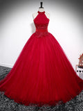 Red A-Line Halter Long Prom Dress, Red Backless Evening Formal Dress HZ0429