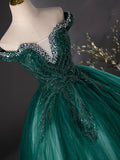 Dark Green Tulle Sequins Long Formal Dress, Retro Off the Shoulder Evening Party Dress HZ0429