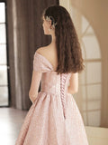 Cute Satin Tea Length Prom Dress, Off the Shoulder Pink A-Line Party Dress HZ0429
