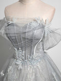 A-Line Off the Shoulder Sparkly Prom Dress, Gray Tulle Corset Floor Length Evening Dress HZ0429
