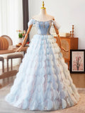 Blue Beading Rhinestone Ruffles Prom Dress, Blue Off the Shoulder Evening Formal Dress HZ0429