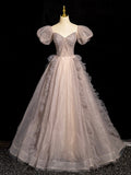 Lovely Short Sleeve Floor Length Prom Dress, Khaki A-Line Beaded Evening Party Dress HZ0429