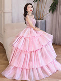 Pink/Blue Tulle Layers Long A-Line Prom Dress, A-Line Spaghetti Strap Sequins Evening Dress HZ0429