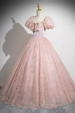 Pink Tulle Sequins Long Prom Dress, Lovely A-Line Party Dress with Bow HZ0429