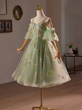 Green Floral Tulle A-Line Knee Length Party Dress, Lovely Spaghetti Strap Evening Prom Dress HZ0429
