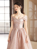 Cute Satin Tea Length Prom Dress, Off the Shoulder Pink A-Line Party Dress HZ0429