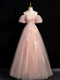 Pink Tulle Lace Long Prom Dress, Beautiful A-Line Off the Shoulder Evening Party Dress HZ0429