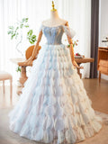Blue Beading Rhinestone Ruffles Prom Dress, Blue Off the Shoulder Evening Formal Dress HZ0429