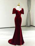 Burgundy Short Sleeve Pleated Velvet Long Mermaid Prom Dress with Slit HZ0429