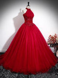 Red A-Line Halter Long Prom Dress, Red Backless Evening Formal Dress HZ0429