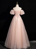 Pink Tulle Lace Long Prom Dress, Beautiful A-Line Off the Shoulder Evening Party Dress HZ0429