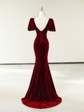 Burgundy Short Sleeve Pleated Velvet Long Mermaid Prom Dress with Slit HZ0429