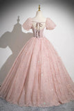 Pink Tulle Sequins Long Prom Dress, Lovely A-Line Party Dress with Bow HZ0429