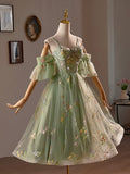 Green Floral Tulle A-Line Knee Length Party Dress, Lovely Spaghetti Strap Evening Prom Dress HZ0429
