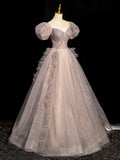 Lovely Short Sleeve Floor Length Prom Dress, Khaki A-Line Beaded Evening Party Dress HZ0429