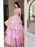 Pink/Blue Tulle Layers Long A-Line Prom Dress, A-Line Spaghetti Strap Sequins Evening Dress HZ0429