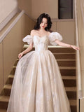 Champagne Off the Shoulder Long Prom Dress, Beautiful A-Line Evening Party Dress HZ0429