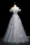 High quality Tulle Sequins Long Prom Dress, Shiny Gray Blue Off the Shoulder Evening Party Dress HZ0429