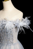 High quality Tulle Sequins Long Prom Dress, Shiny Gray Blue Off the Shoulder Evening Party Dress HZ0429