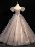 Lovely Short Sleeve Floor Length Prom Dress, Khaki A-Line Beaded Evening Party Dress HZ0429