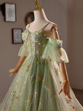 Green Floral Tulle A-Line Knee Length Party Dress, Lovely Spaghetti Strap Evening Prom Dress HZ0429