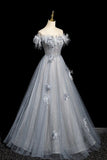 High quality Tulle Sequins Long Prom Dress, Shiny Gray Blue Off the Shoulder Evening Party Dress HZ0429