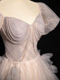 Lovely Short Sleeve Floor Length Prom Dress, Khaki A-Line Beaded Evening Party Dress HZ0429