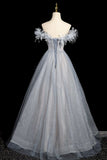 High quality Tulle Sequins Long Prom Dress, Shiny Gray Blue Off the Shoulder Evening Party Dress HZ0429