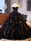 Beautiful Black Cascading Ruffles Prom Dress, Black Strapless Long Formal Dress HZ0429
