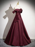 Dark Burgundy Satin Long Prom Dress, A-Line Off the Shoulder Evening Party Dress HZ0429