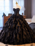 Beautiful Black Cascading Ruffles Prom Dress, Black Strapless Long Formal Dress HZ0429