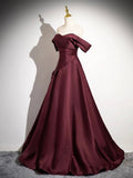 Dark Burgundy Satin Long Prom Dress, A-Line Off the Shoulder Evening Party Dress HZ0429