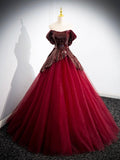 Burgundy Tulle Sequins Floor Length Prom Dress, Off the Shoulder Formal Evening Dress HZ0429