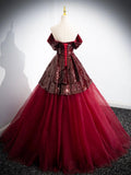 Burgundy Tulle Sequins Floor Length Prom Dress, Off the Shoulder Formal Evening Dress HZ0429