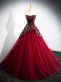 Burgundy Tulle Sequins Floor Length Prom Dress, Off the Shoulder Formal Evening Dress HZ0429