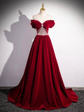 Burgundy Velvet Sequins Long Prom Dress, Elegant Off the Shoulder A-Line Formal Dress HZ0429