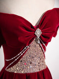 Burgundy Velvet Sequins Long Prom Dress, Elegant Off the Shoulder A-Line Formal Dress HZ0429