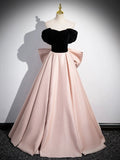 Black Satin and Pink Satin Long Prom Dress, Lovely A-Line Bow Party Evening Dress HZ0429
