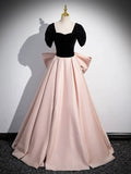 Black Satin and Pink Satin Long Prom Dress, Lovely A-Line Bow Party Evening Dress HZ0429