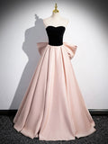 Black Satin and Pink Satin Long Prom Dress, Lovely A-Line Bow Party Evening Dress HZ0429