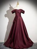 Dark Burgundy Satin Long Prom Dress, A-Line Off the Shoulder Evening Party Dress HZ0429