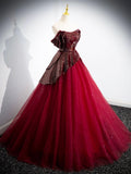Burgundy Tulle Sequins Floor Length Prom Dress, Off the Shoulder Formal Evening Dress HZ0429