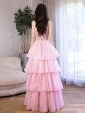 Pink/Blue Tulle Layers Long A-Line Prom Dress, A-Line Spaghetti Strap Sequins Evening Dress HZ0429